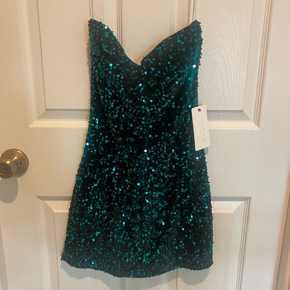Emerald Sequin Dress (Callista Strapless Velvet Sequins Bodycon Mini Dress)